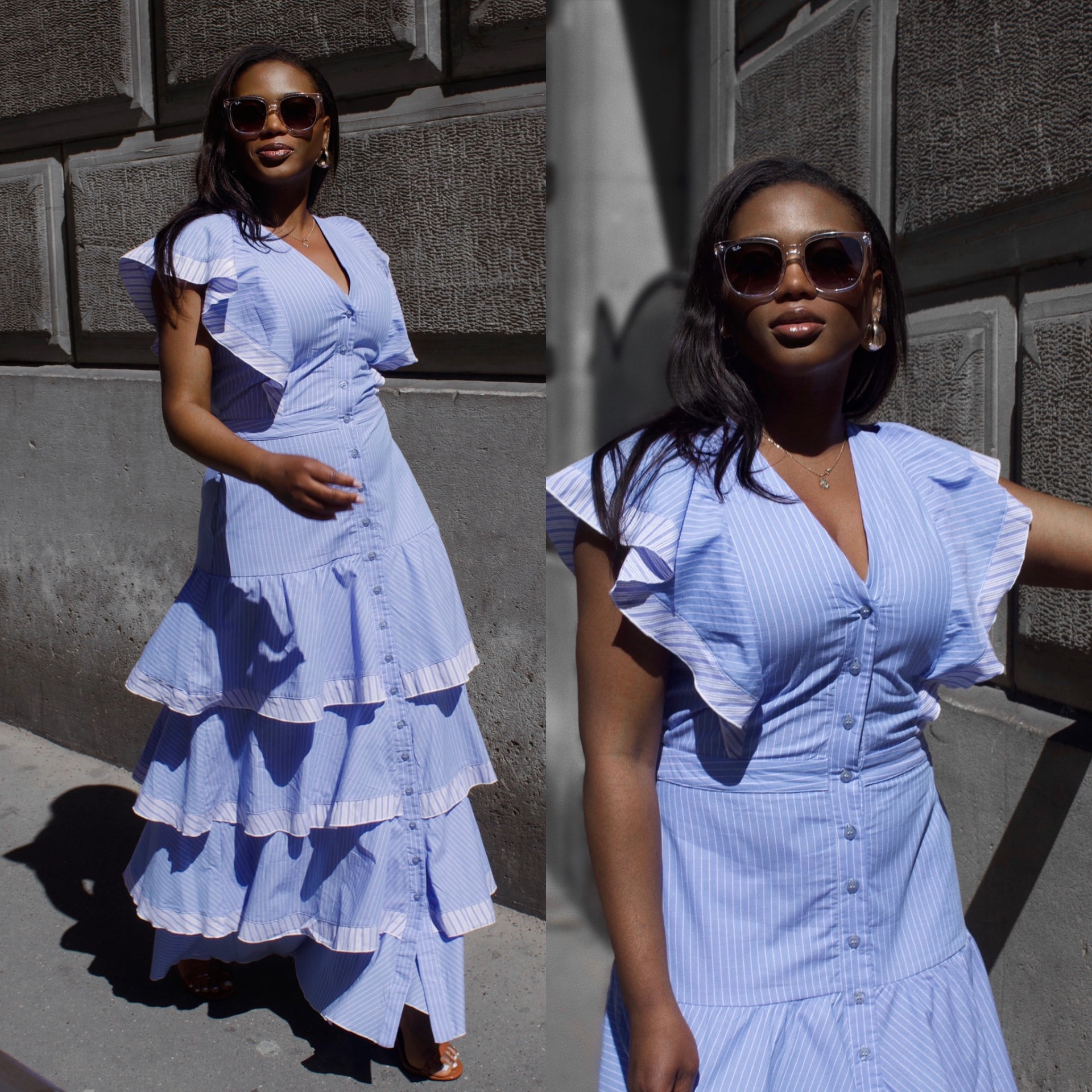 Julie Don in a blue striped ruffled maxi dress on a city street